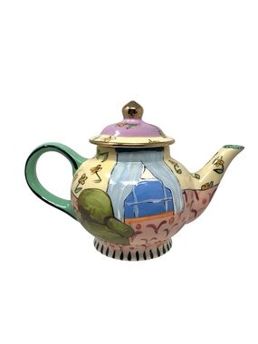 Large Hand-Painted Colorful Ceramic Teapot Floral Pink & Gold Droll Designs